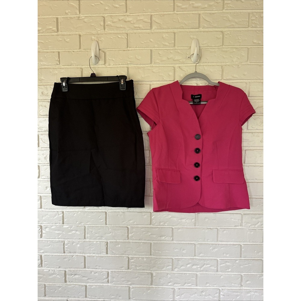 T. Milano Women's Size 8 Black And Pink Two Piece‎ Set Skirt & Top Office Chic